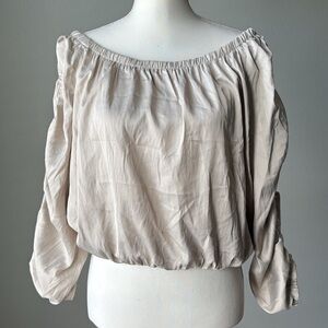 Astr Boatneck Off the Shoulder Ruched Sleeve Blouse in Bone Size L